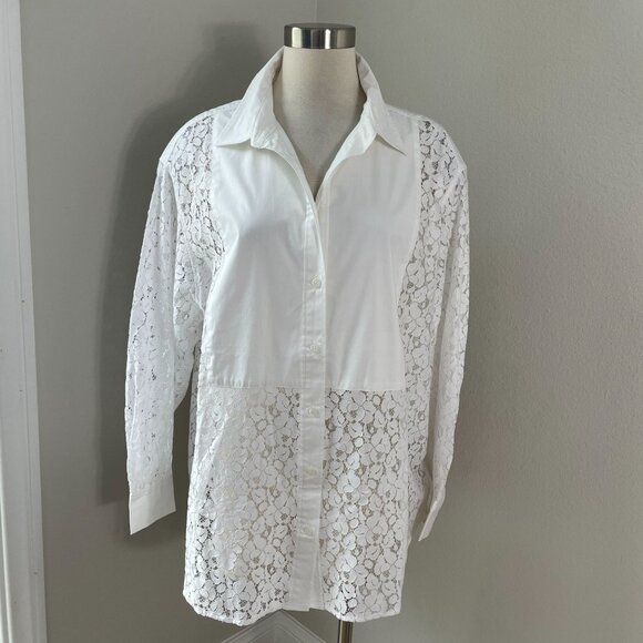 NEW Gap Womens Large White Lace Bib Big Shirt Button Up Long Sleeve Blouse Top - Picture 2 of 16